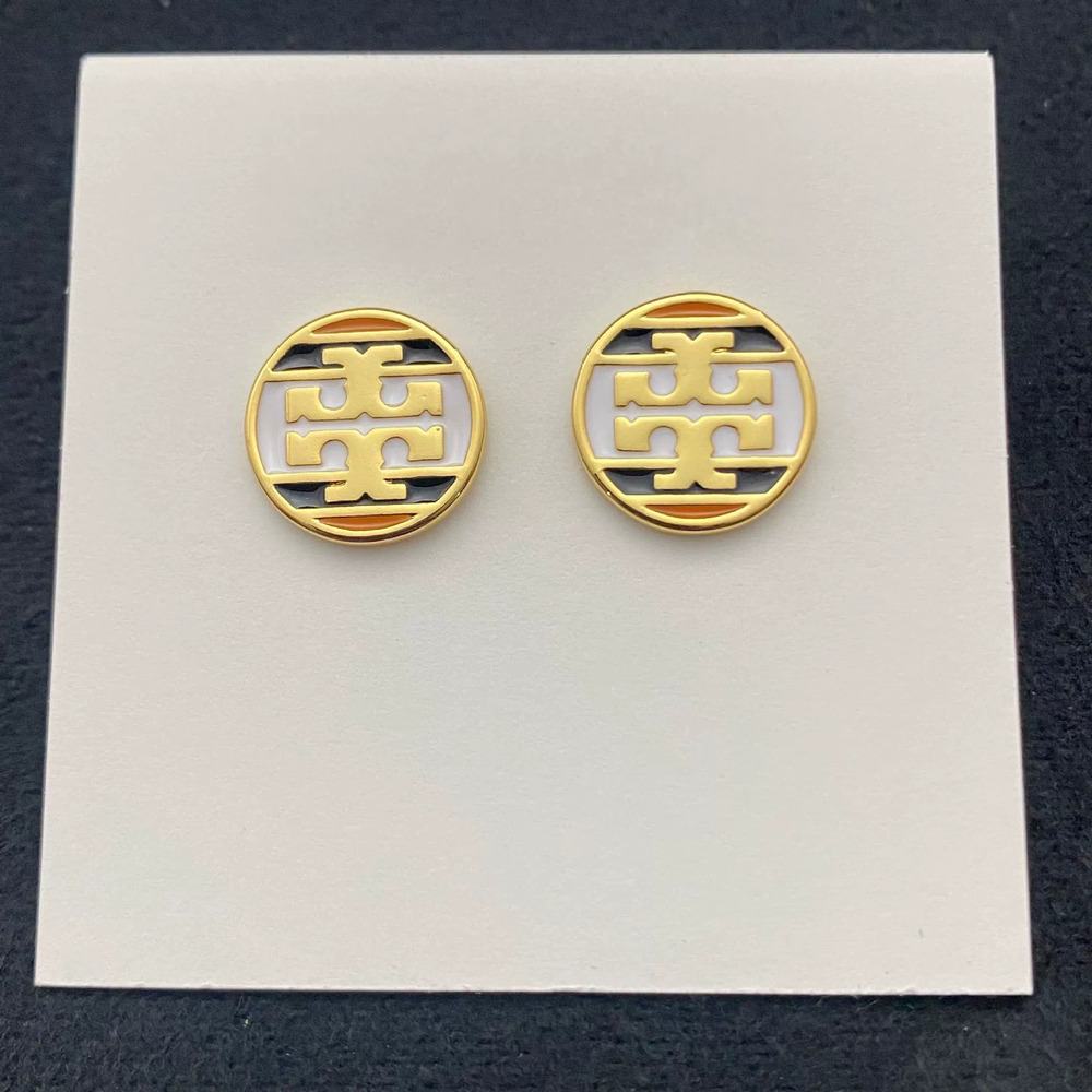 Tory Burch Black White Gold Contrast Double Round Metal Stud Earrings